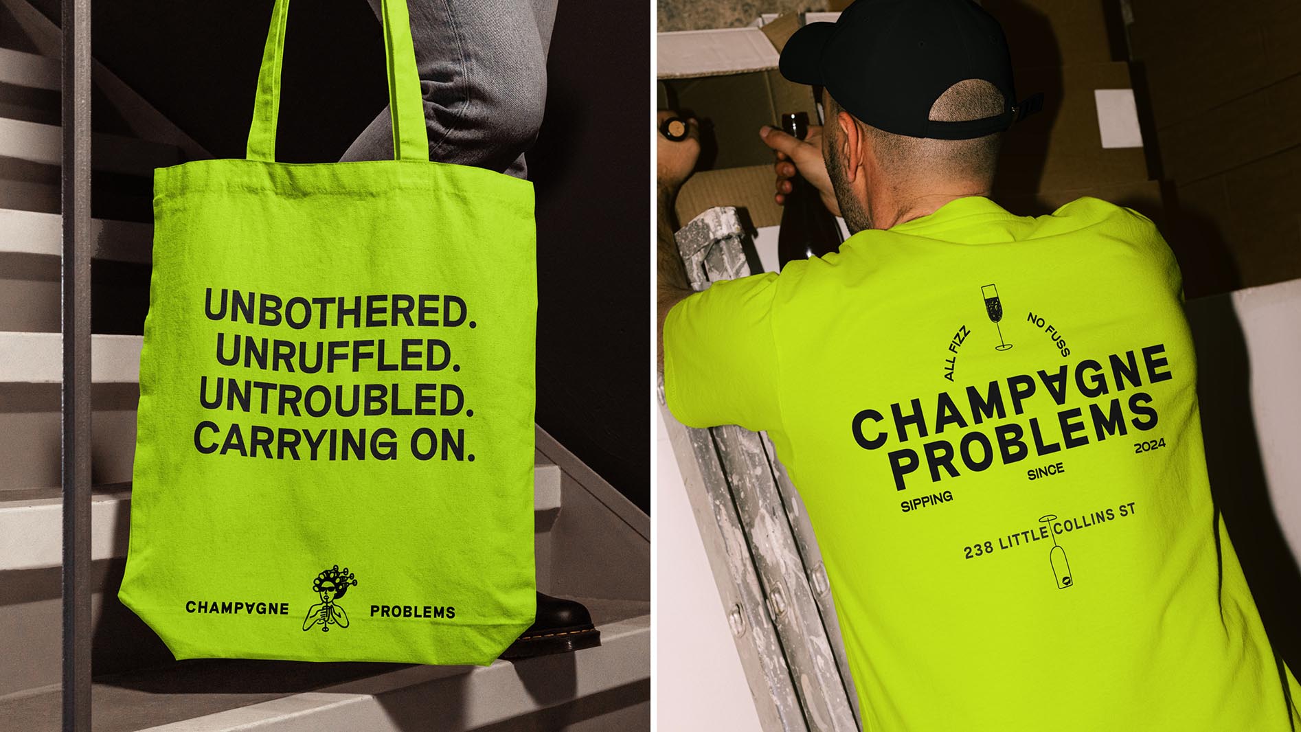 bag, clothing, t-shirt, hat, tote bag, adult, male, man, person, handbag