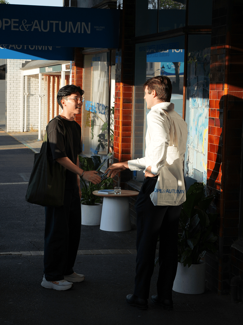 potted plant, advertisement, poster, city, street, handbag, person, adult, male, man