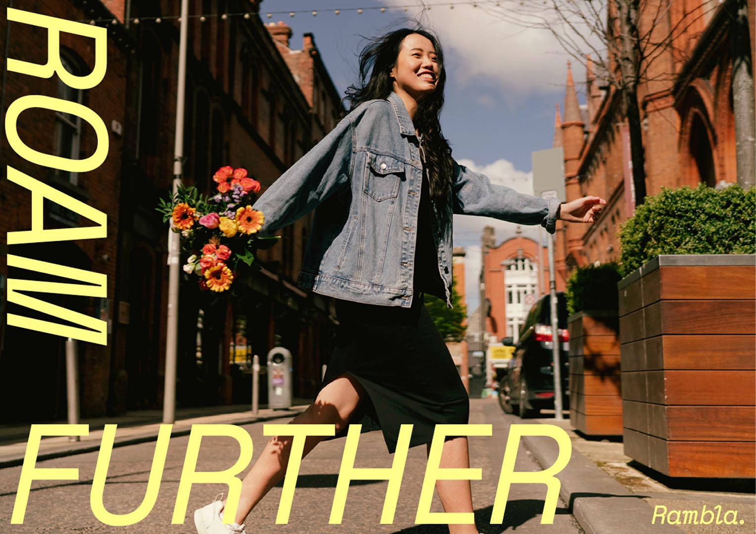 city, street, potted plant, person, walking, coat, neighborhood, female, girl, teen